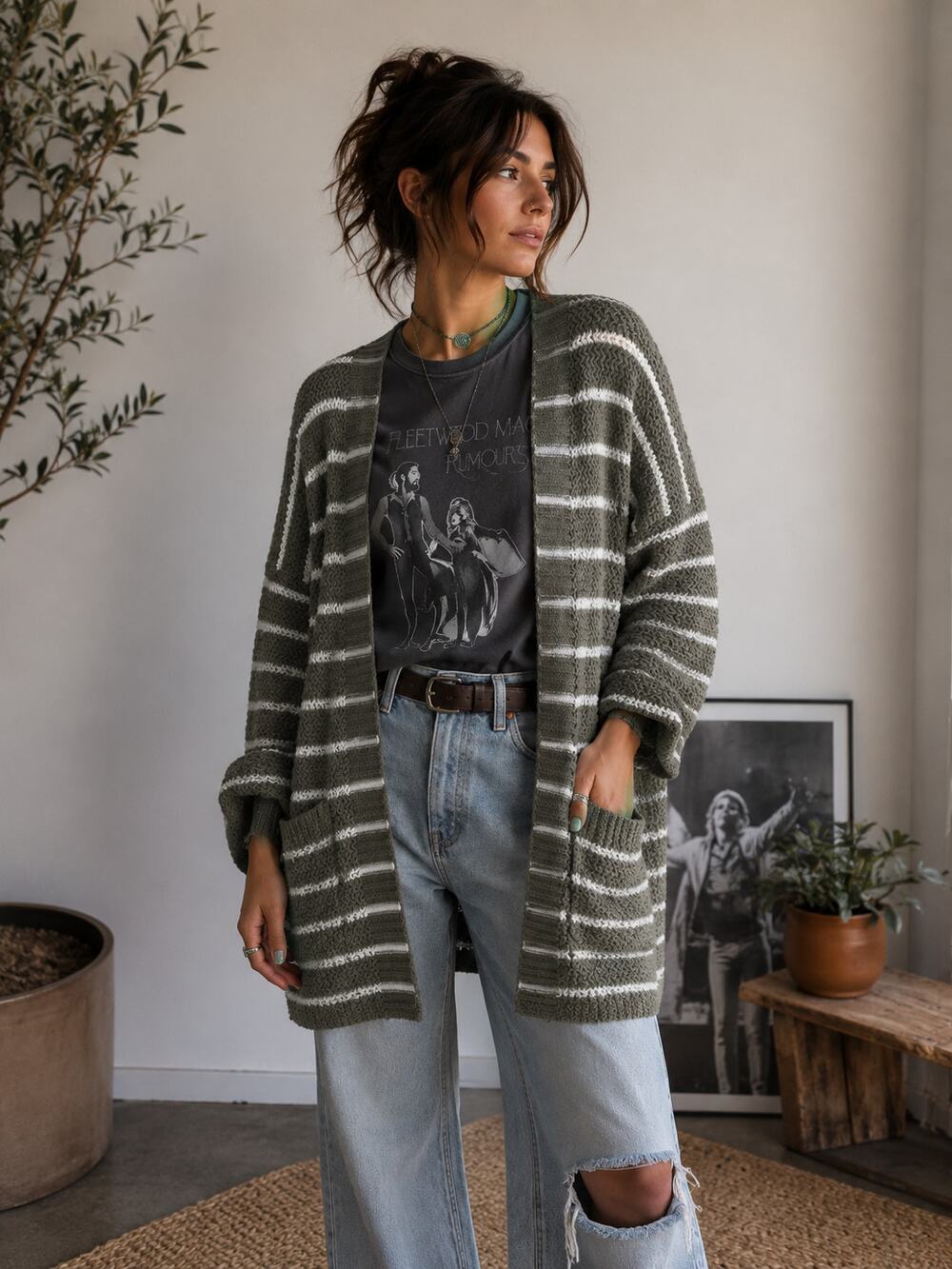 Staccato Olive White Stripe Open Cardigan Sweater XL Plus Pockets